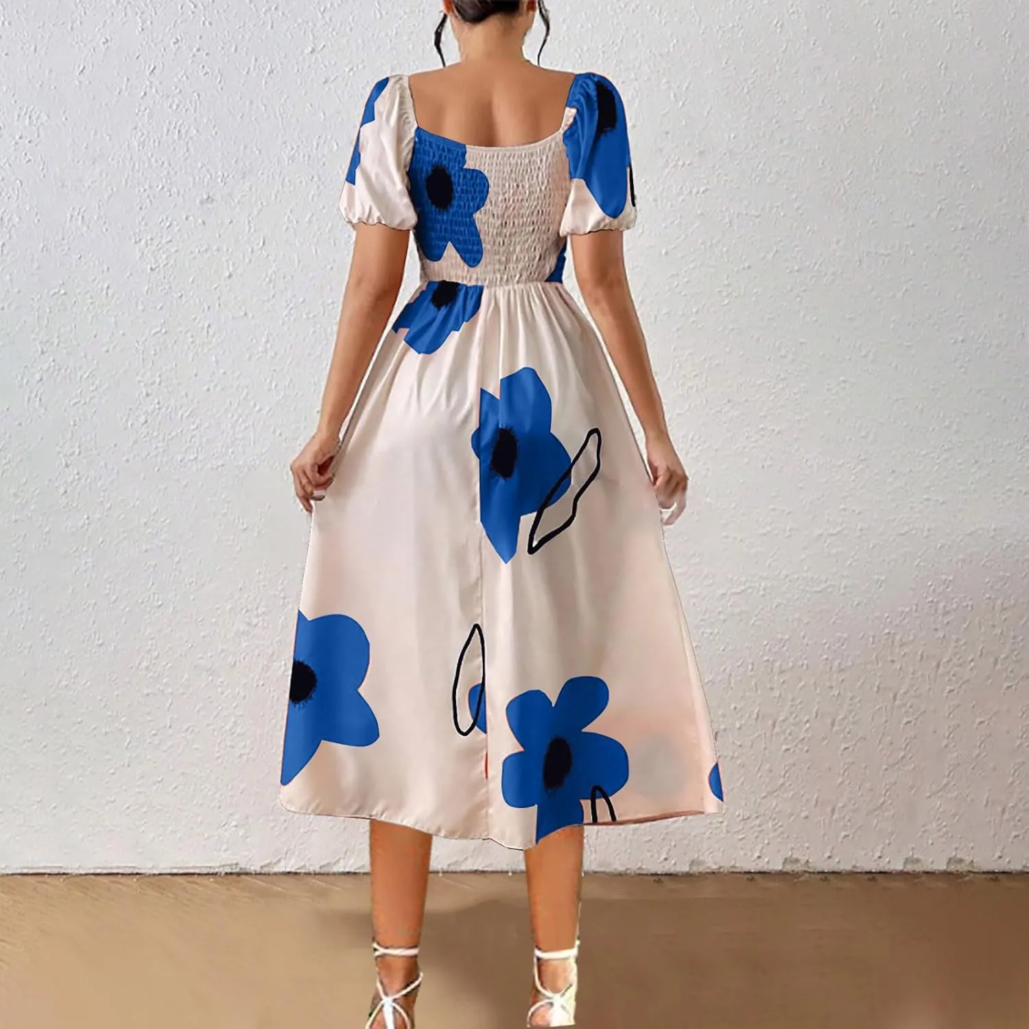 Women Off Shoulder A-Line Dresses Summer Cute Flower Print Puff Short Sleeve High Waist Dress Split Hem Midi Dress