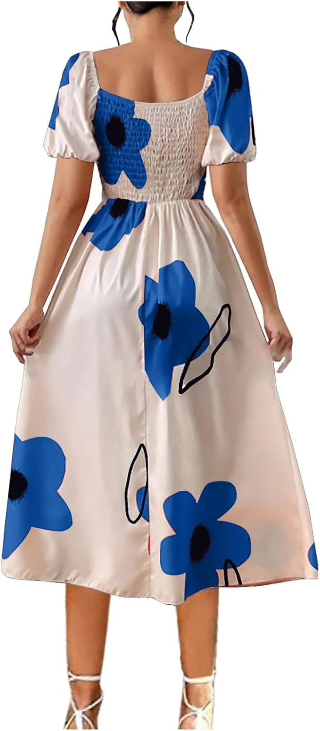 Women Off Shoulder A-Line Dresses Summer Cute Flower Print Puff Short Sleeve High Waist Dress Split Hem Midi Dress