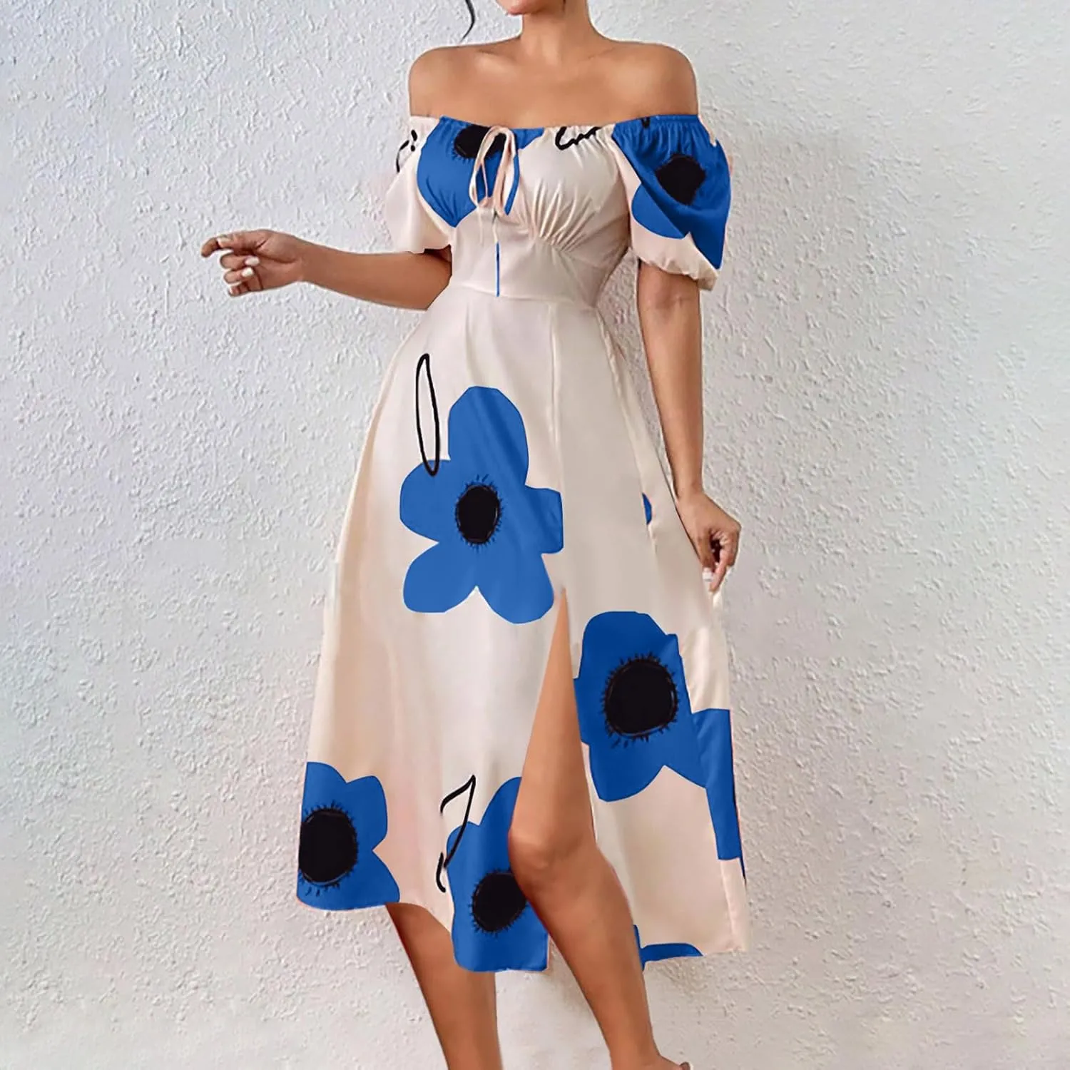 Women Off Shoulder A-Line Dresses Summer Cute Flower Print Puff Short Sleeve High Waist Dress Split Hem Midi Dress