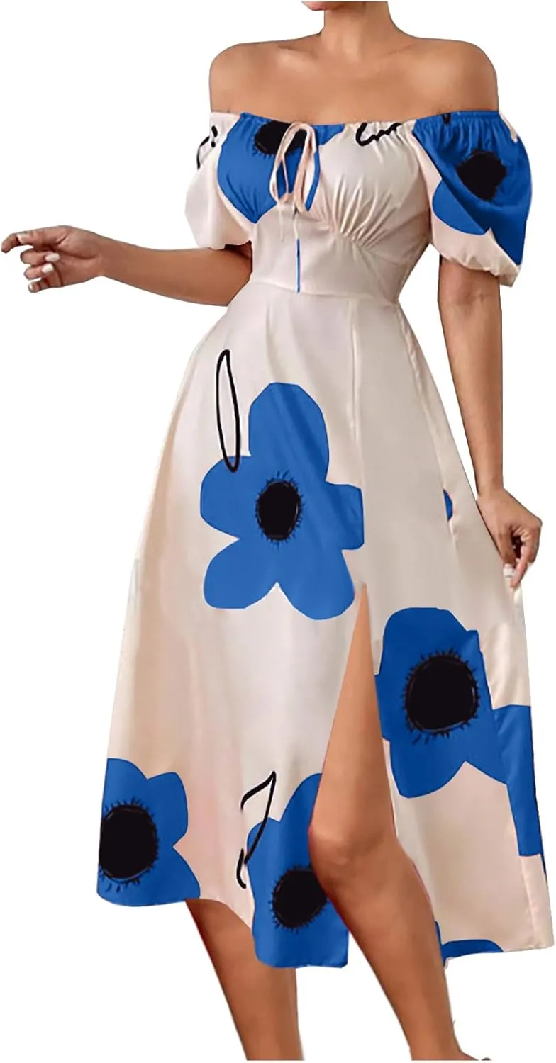 Women Off Shoulder A-Line Dresses Summer Cute Flower Print Puff Short Sleeve High Waist Dress Split Hem Midi Dress