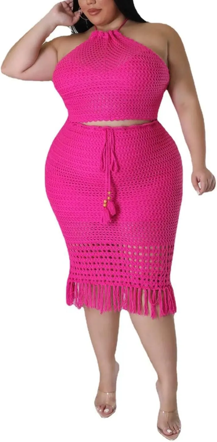 Women Plus Two-Piece Skirt Set Tassel Fishing Net Knittin Hollow Out Off Shoulder Beach Dresses Swimsuit Cover Ups
