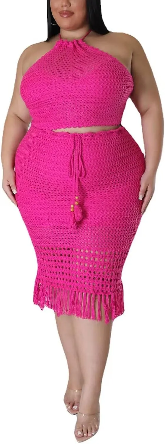 Women Plus Two-Piece Skirt Set Tassel Fishing Net Knittin Hollow Out Off Shoulder Beach Dresses Swimsuit Cover Ups
