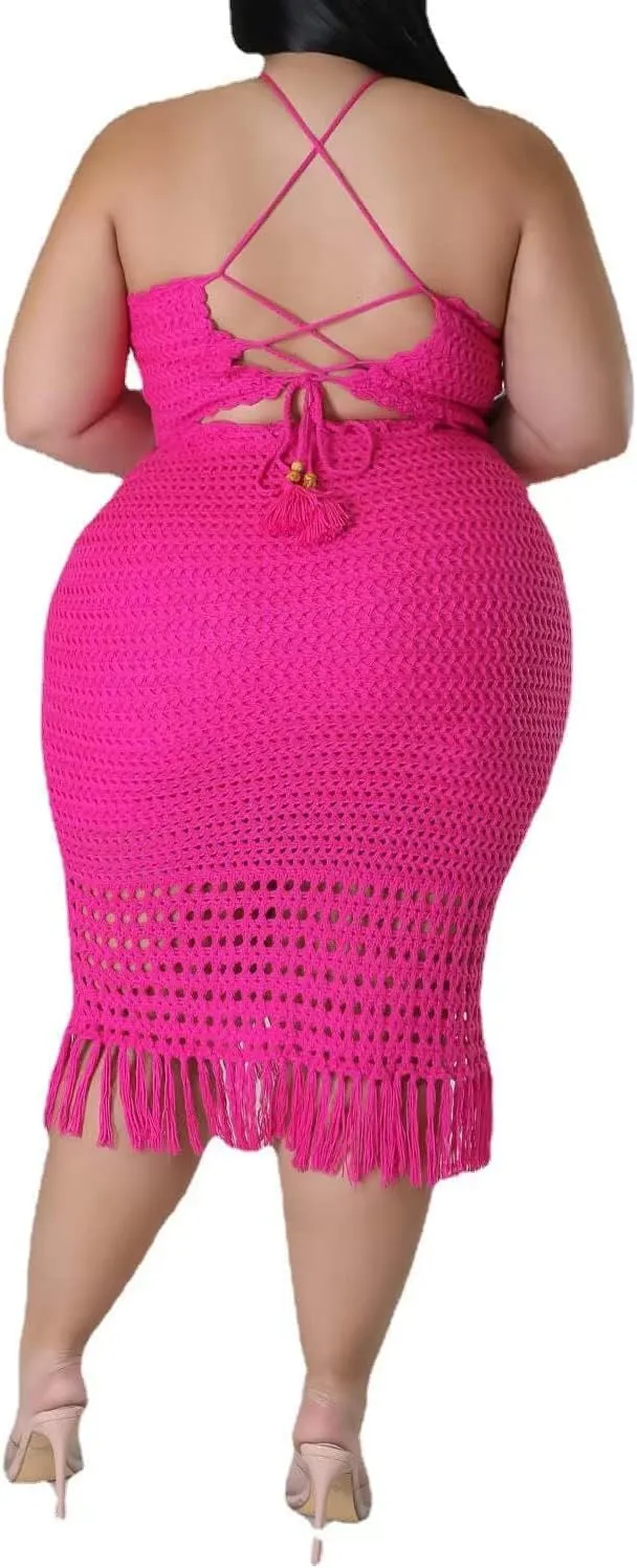 Women Plus Two-Piece Skirt Set Tassel Fishing Net Knittin Hollow Out Off Shoulder Beach Dresses Swimsuit Cover Ups