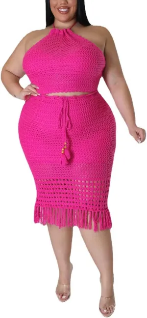 Women Plus Two-Piece Skirt Set Tassel Fishing Net Knittin Hollow Out Off Shoulder Beach Dresses Swimsuit Cover Ups