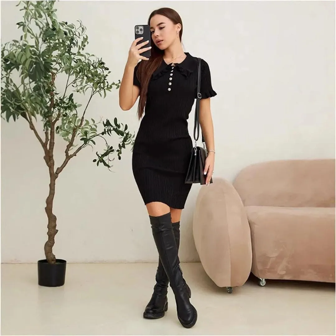 Women Ruffle Dress Retro Short Sleeve Mini Solid Holiday Party Clothes