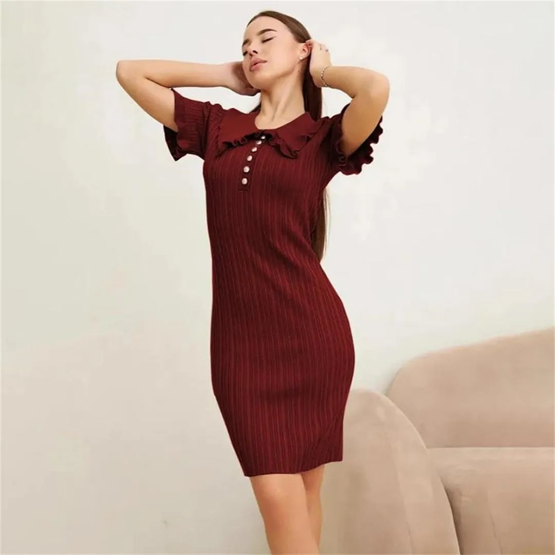 Women Ruffle Dress Retro Short Sleeve Mini Solid Holiday Party Clothes