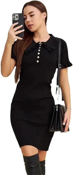 Women Ruffle Dress Retro Short Sleeve Mini Solid Holiday Party Clothes