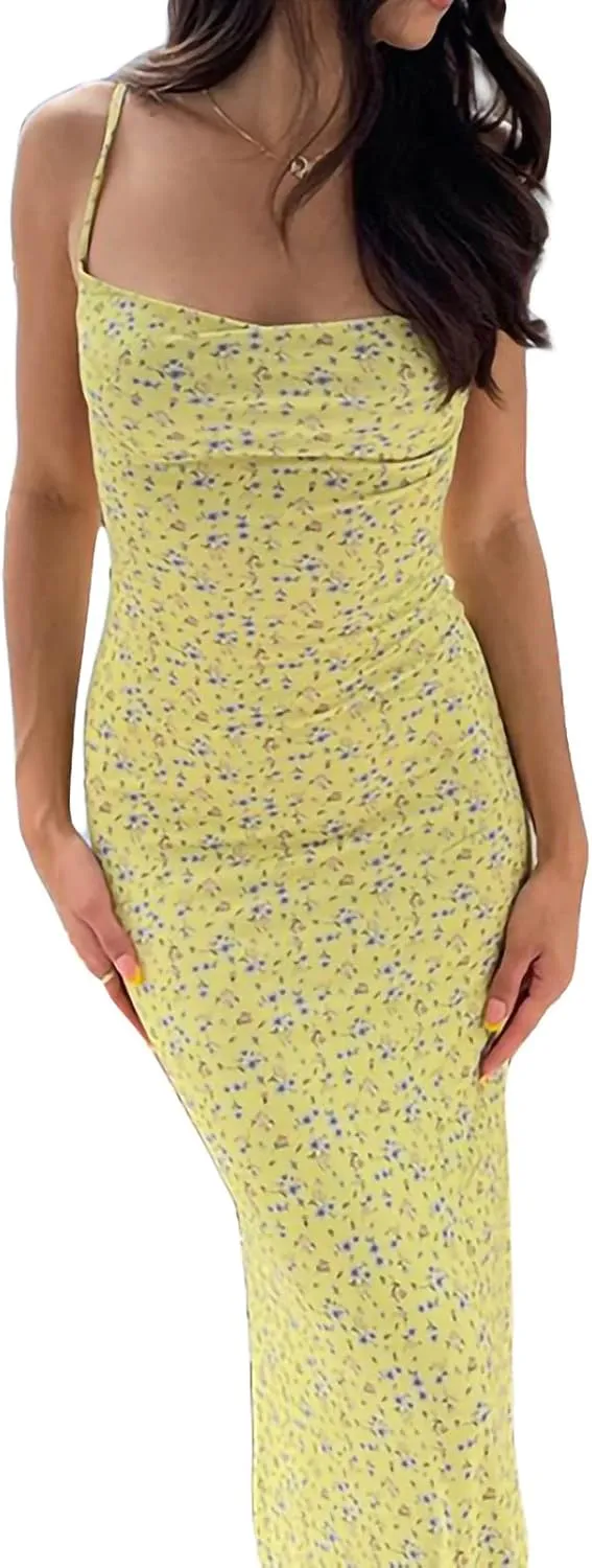 Women Sexy Sleeveless Spaghetti Strap Split Satin Dress Tie Dye Backless Midi Dresses Y2K Bodycon Club Party Sundress