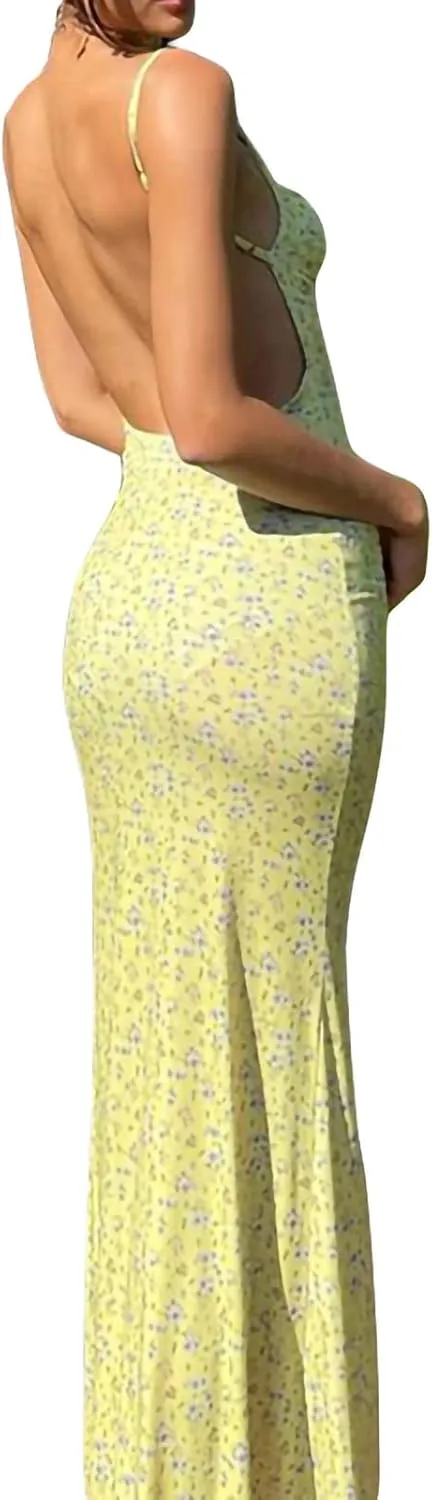 Women Sexy Sleeveless Spaghetti Strap Split Satin Dress Tie Dye Backless Midi Dresses Y2K Bodycon Club Party Sundress