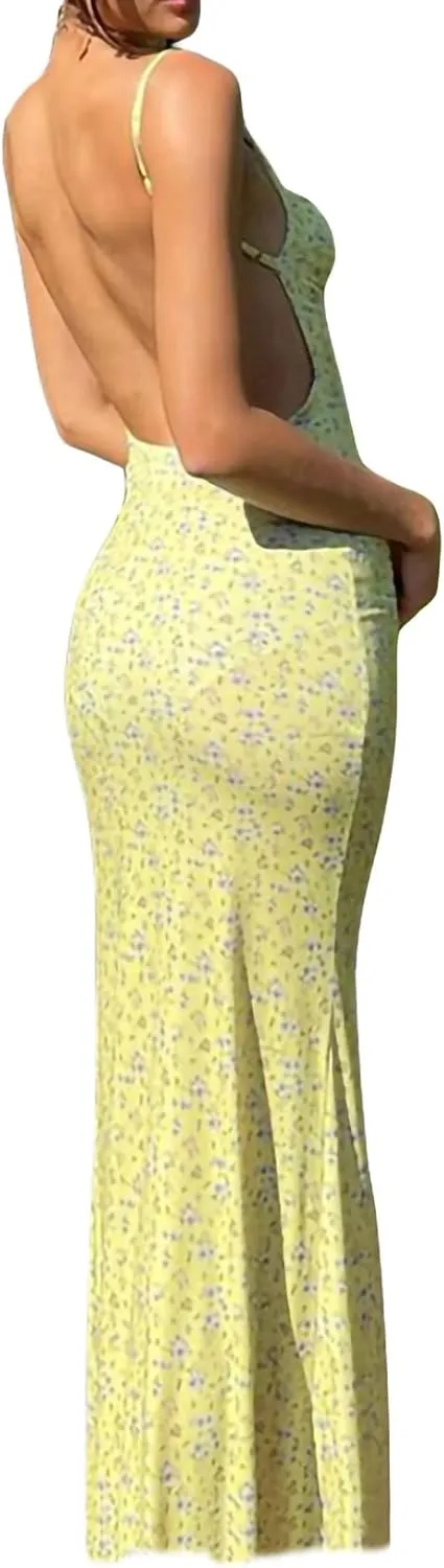 Women Sexy Sleeveless Spaghetti Strap Split Satin Dress Tie Dye Backless Midi Dresses Y2K Bodycon Club Party Sundress