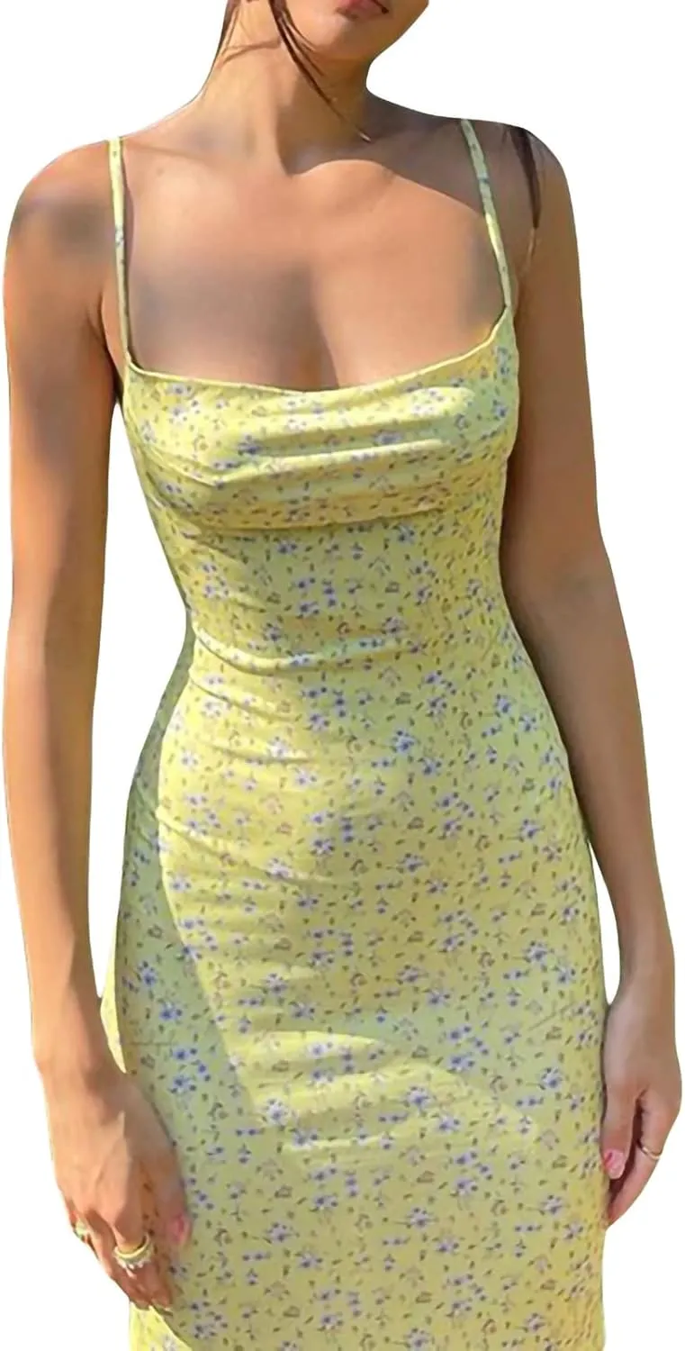 Women Sexy Sleeveless Spaghetti Strap Split Satin Dress Tie Dye Backless Midi Dresses Y2K Bodycon Club Party Sundress