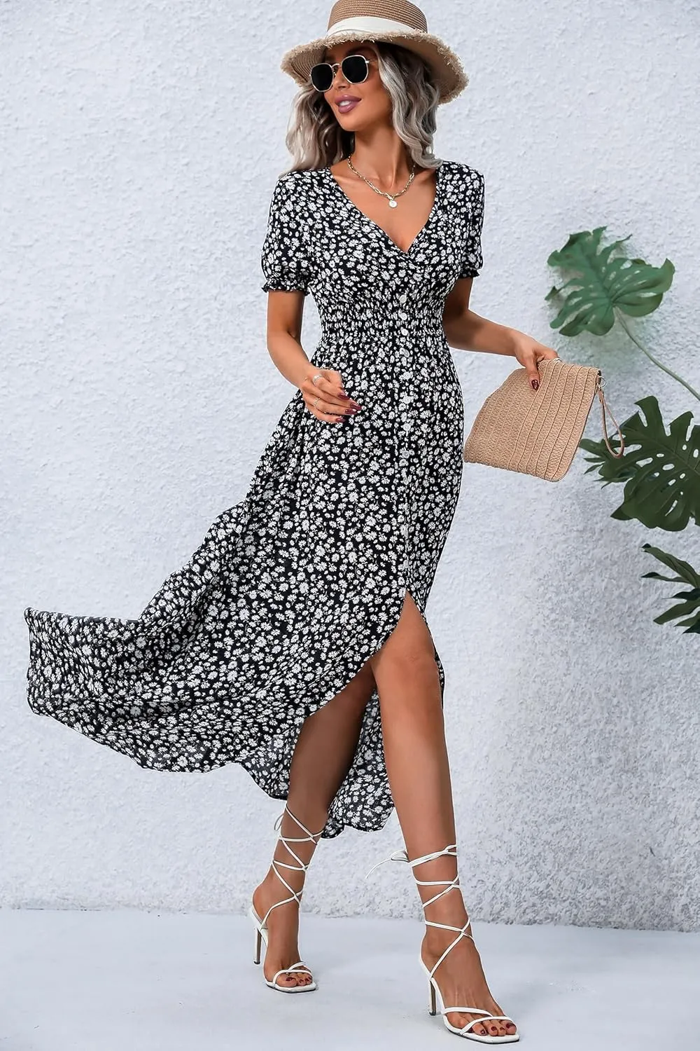 Women Short Sleeve Maxi Dresses Smocked V Neck Floral Summer Casual Long Dress