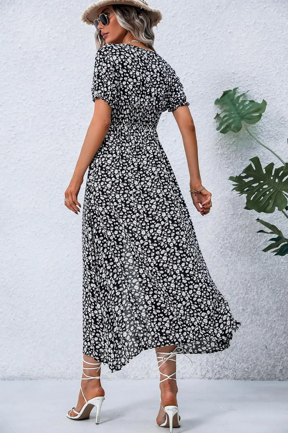 Women Short Sleeve Maxi Dresses Smocked V Neck Floral Summer Casual Long Dress