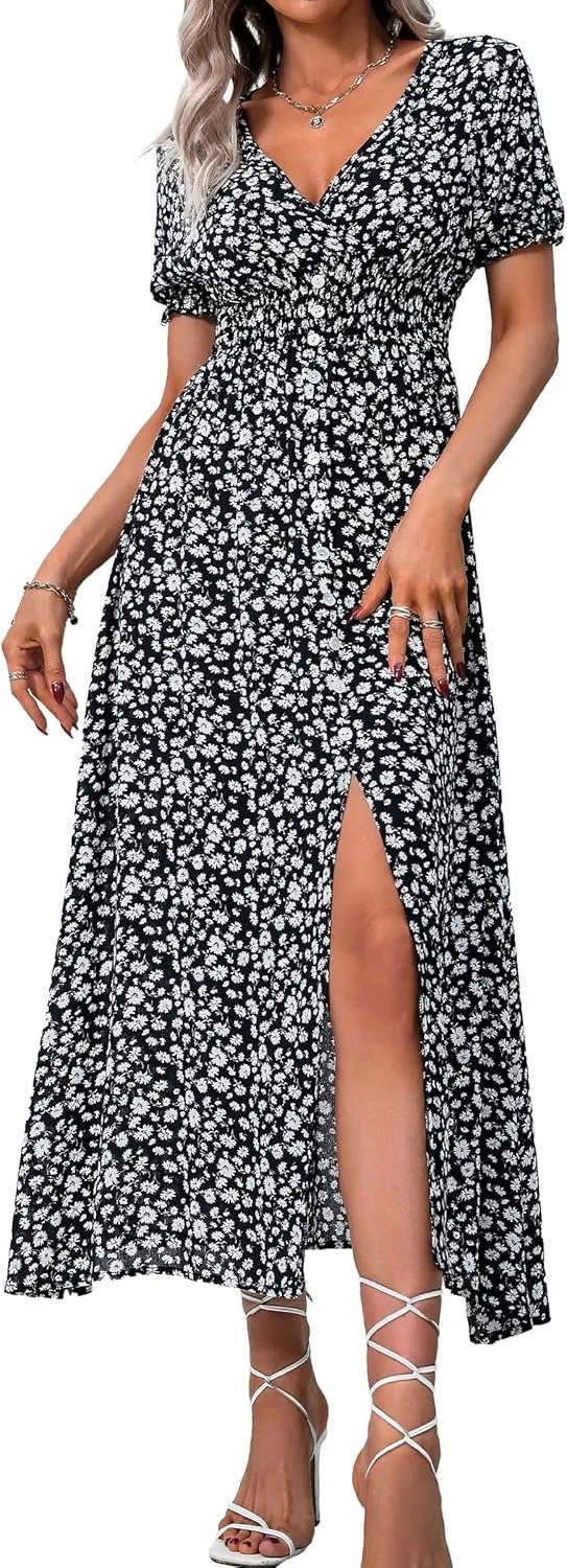 Women Short Sleeve Maxi Dresses Smocked V Neck Floral Summer Casual Long Dress
