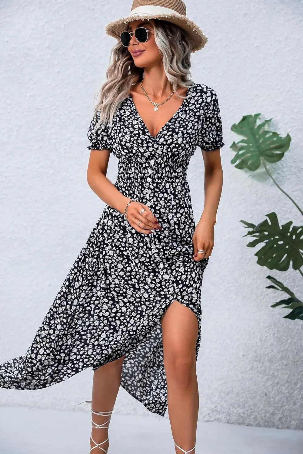 Women Short Sleeve Maxi Dresses Smocked V Neck Floral Summer Casual Long Dress