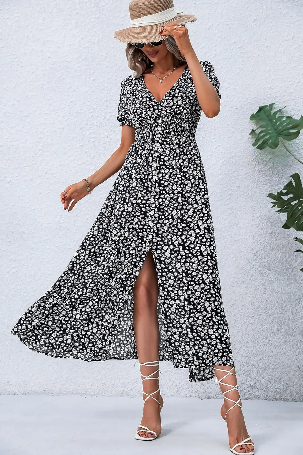 Women Short Sleeve Maxi Dresses Smocked V Neck Floral Summer Casual Long Dress