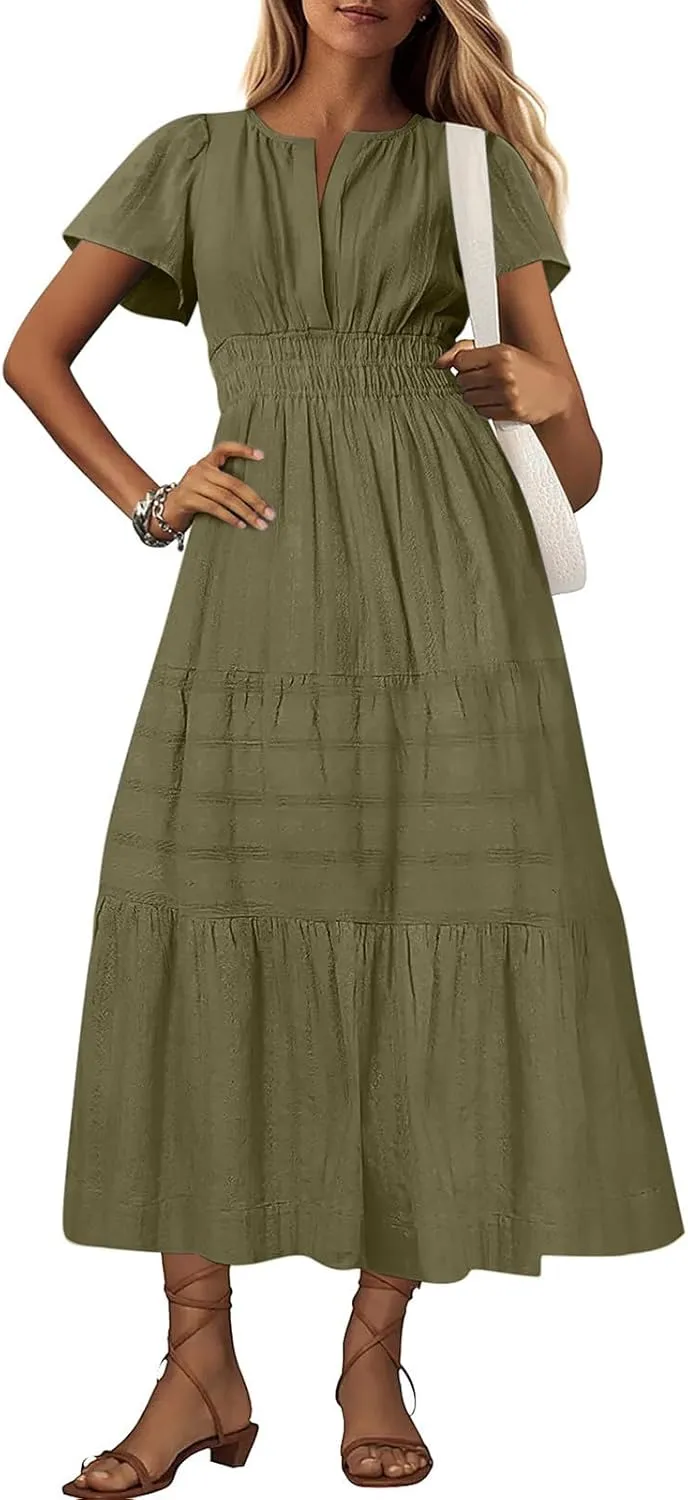 Women Summer 2025 Casual Maxi Dresses Trendy Lightweight Short Sleeve V Neck Elastic Waist Boho Beach Sundress Clothes