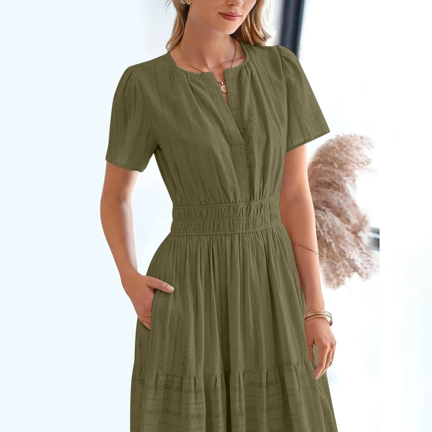 Women Summer 2025 Casual Maxi Dresses Trendy Lightweight Short Sleeve V Neck Elastic Waist Boho Beach Sundress Clothes