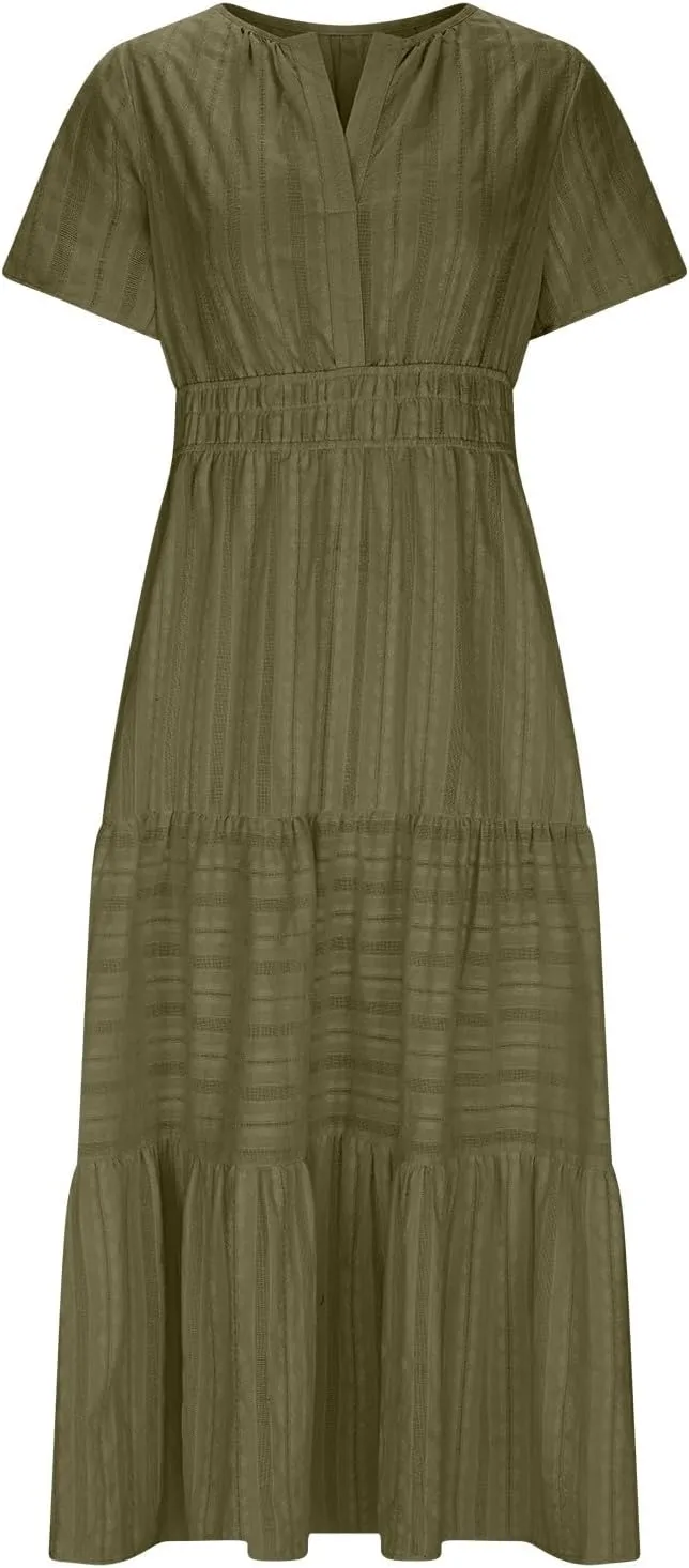 Women Summer 2025 Casual Maxi Dresses Trendy Lightweight Short Sleeve V Neck Elastic Waist Boho Beach Sundress Clothes