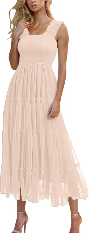Women Summer 2025 Casual Maxi Dresses Trendy Lightweight Short Sleeve V Neck Elastic Waist Boho Beach Sundress Clothes