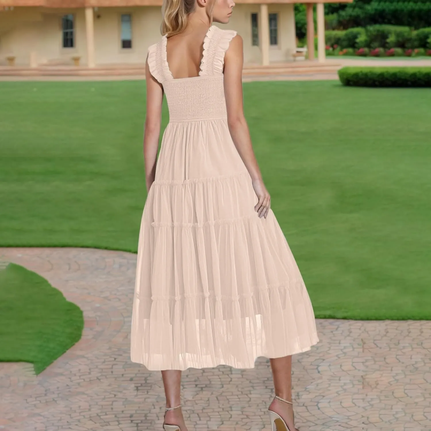 Women Summer 2025 Casual Maxi Dresses Trendy Lightweight Short Sleeve V Neck Elastic Waist Boho Beach Sundress Clothes
