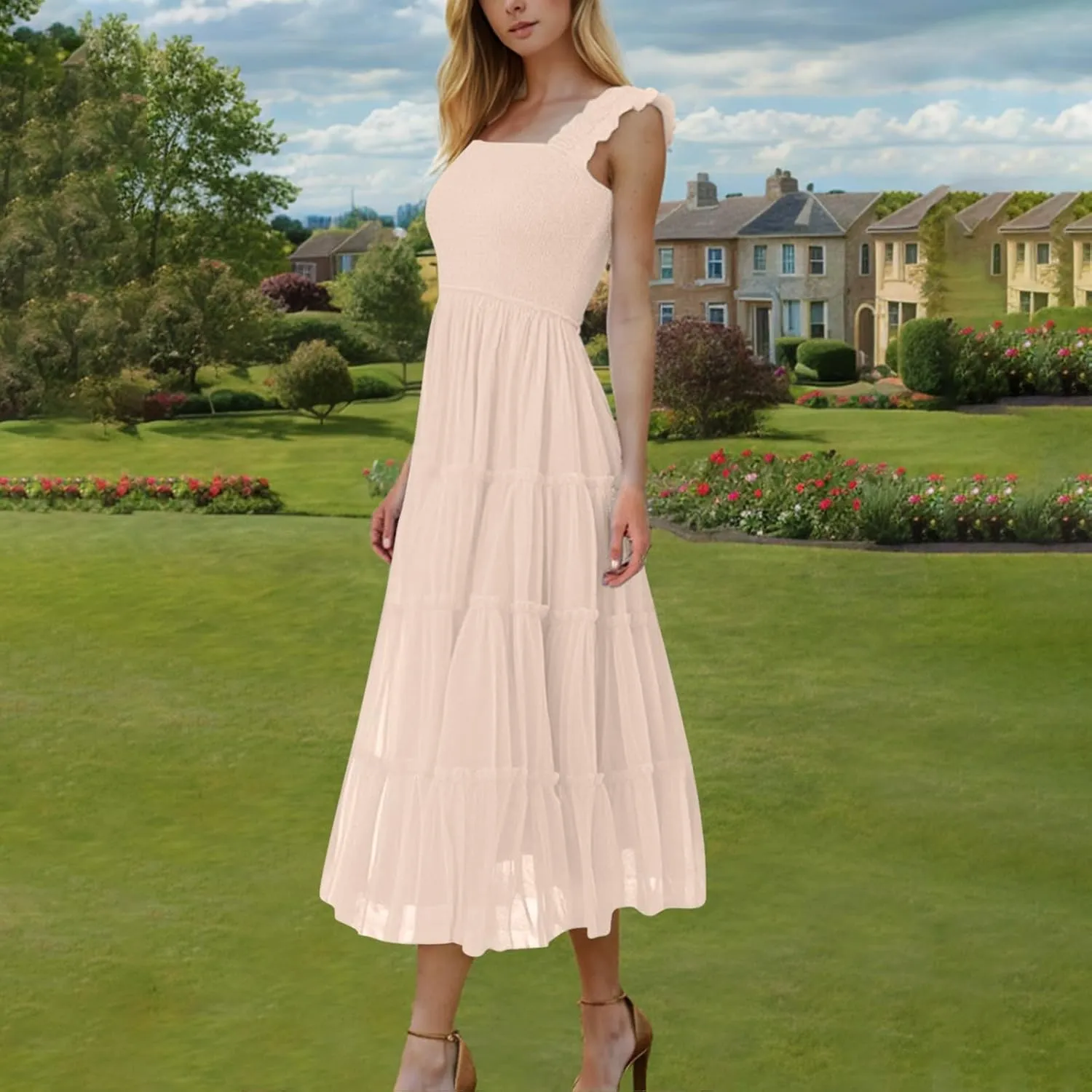 Women Summer 2025 Casual Maxi Dresses Trendy Lightweight Short Sleeve V Neck Elastic Waist Boho Beach Sundress Clothes
