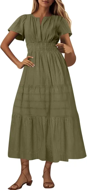 Women Summer 2025 Casual Maxi Dresses Trendy Lightweight Short Sleeve V Neck Elastic Waist Boho Beach Sundress Clothes