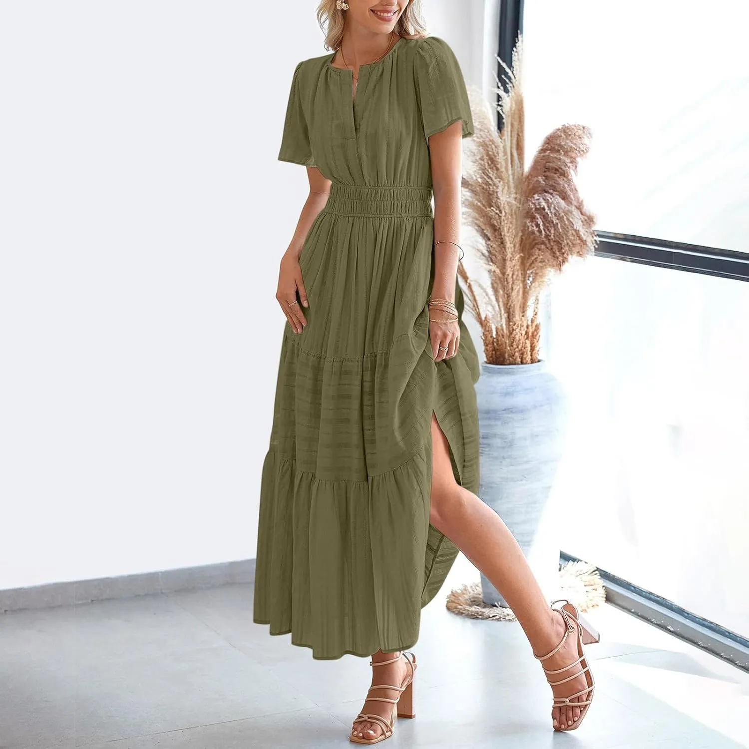 Women Summer 2025 Casual Maxi Dresses Trendy Lightweight Short Sleeve V Neck Elastic Waist Boho Beach Sundress Clothes