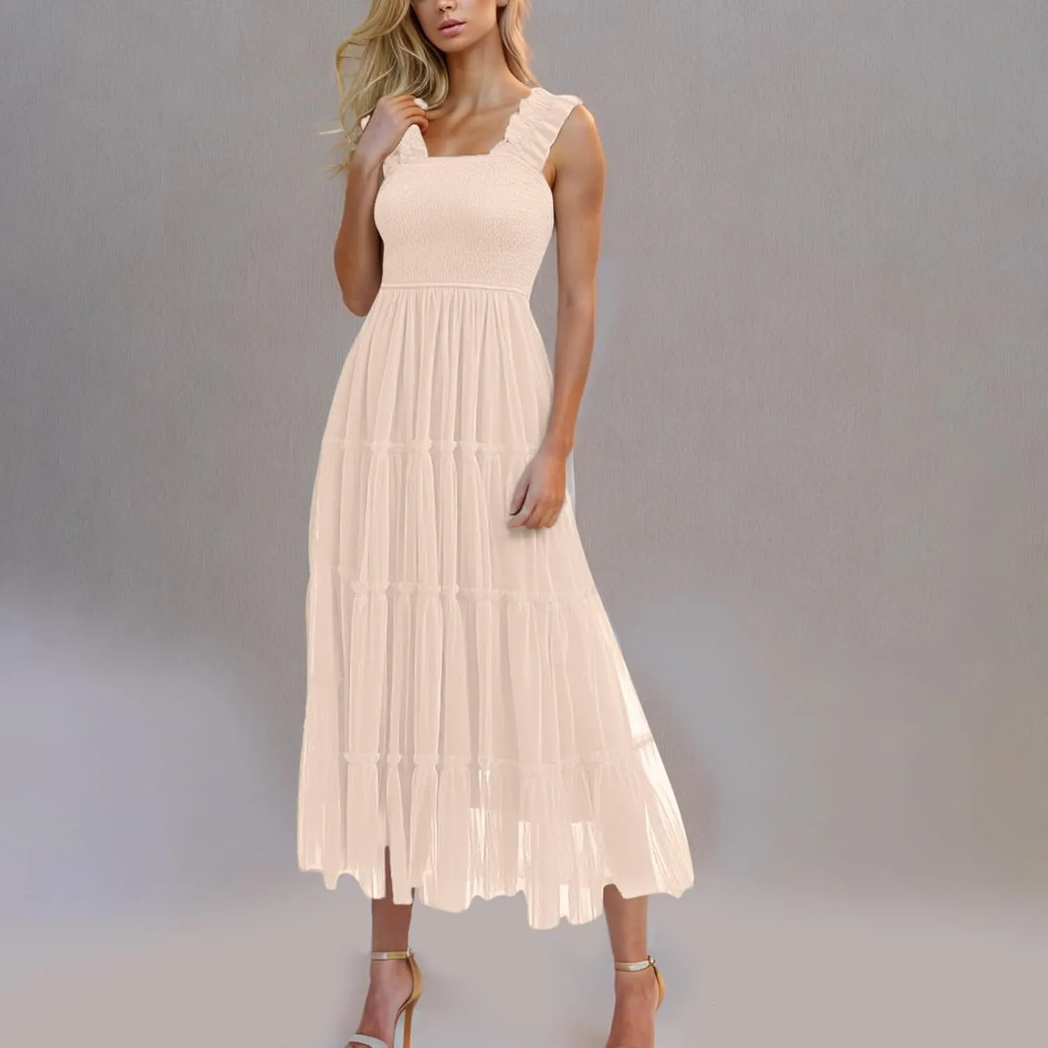 Women Summer 2025 Casual Maxi Dresses Trendy Lightweight Short Sleeve V Neck Elastic Waist Boho Beach Sundress Clothes