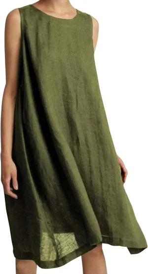 Women Summer Cotton Linen Dress 2024 Solid Color Casual Soft Sleeveless Crewneck Tank Sundress Midi for Beach Resort