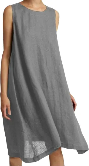 Women Summer Cotton Linen Dress 2024 Solid Color Casual Soft Sleeveless Crewneck Tank Sundress Midi for Beach Resort