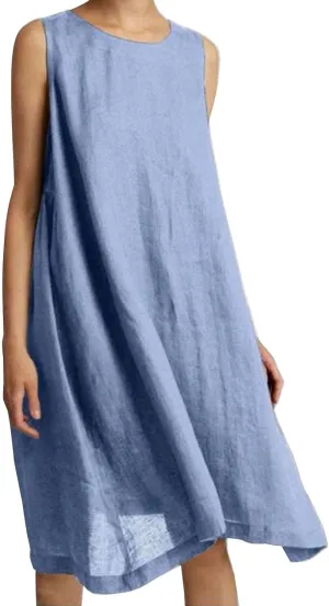Women Summer Cotton Linen Dress 2024 Solid Color Casual Soft Sleeveless Crewneck Tank Sundress Midi for Beach Resort