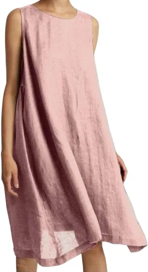 Women Summer Cotton Linen Dress 2024 Solid Color Casual Soft Sleeveless Crewneck Tank Sundress Midi for Beach Resort
