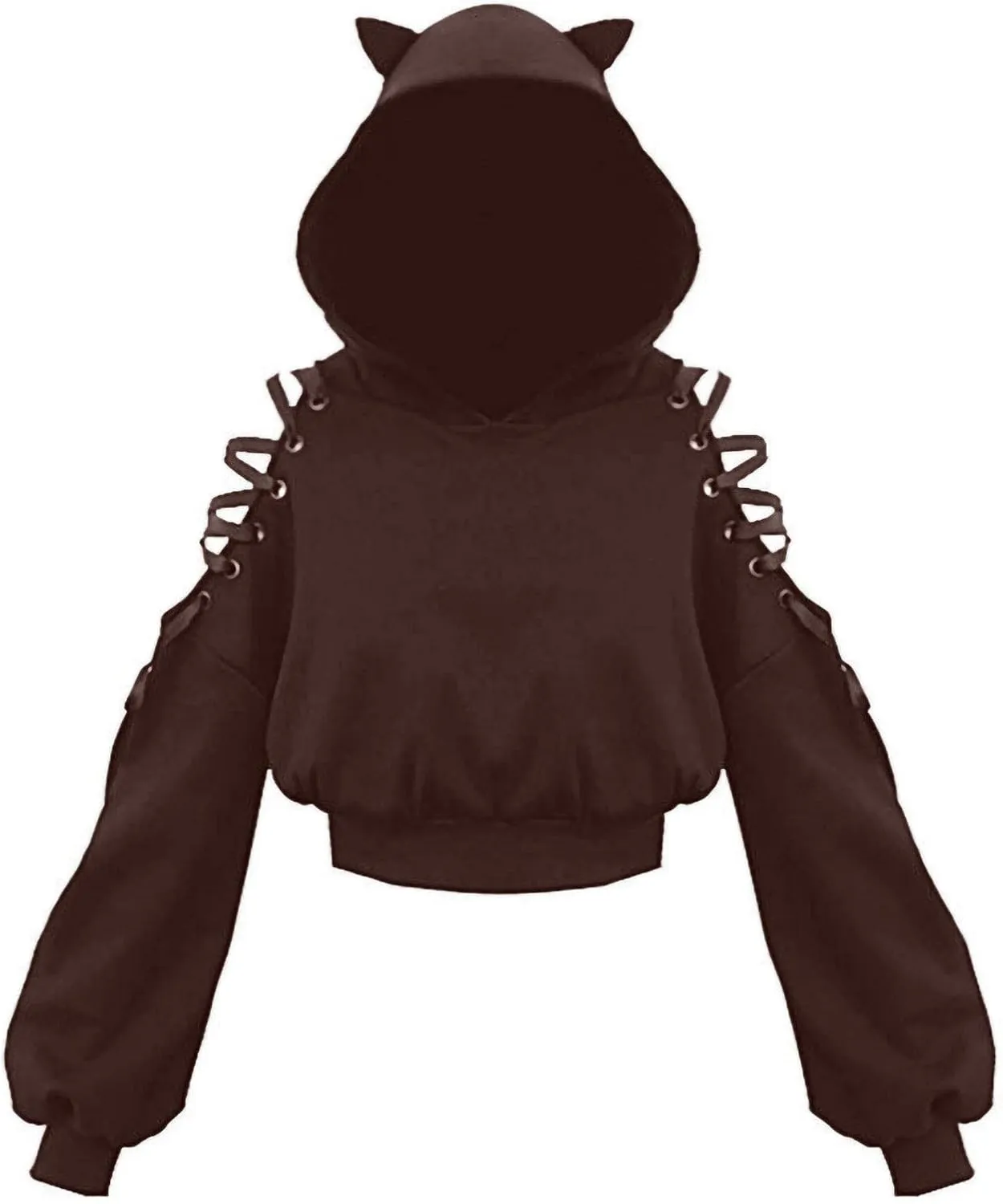 Women Y2k Hoodies, Womens Long Sleeve Cute Cat Ear Pullover Hoodie Crop Top Gothic Cold Shoulder Lace Up Sweatshirt