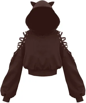 Women Y2k Hoodies, Womens Long Sleeve Cute Cat Ear Pullover Hoodie Crop Top Gothic Cold Shoulder Lace Up Sweatshirt