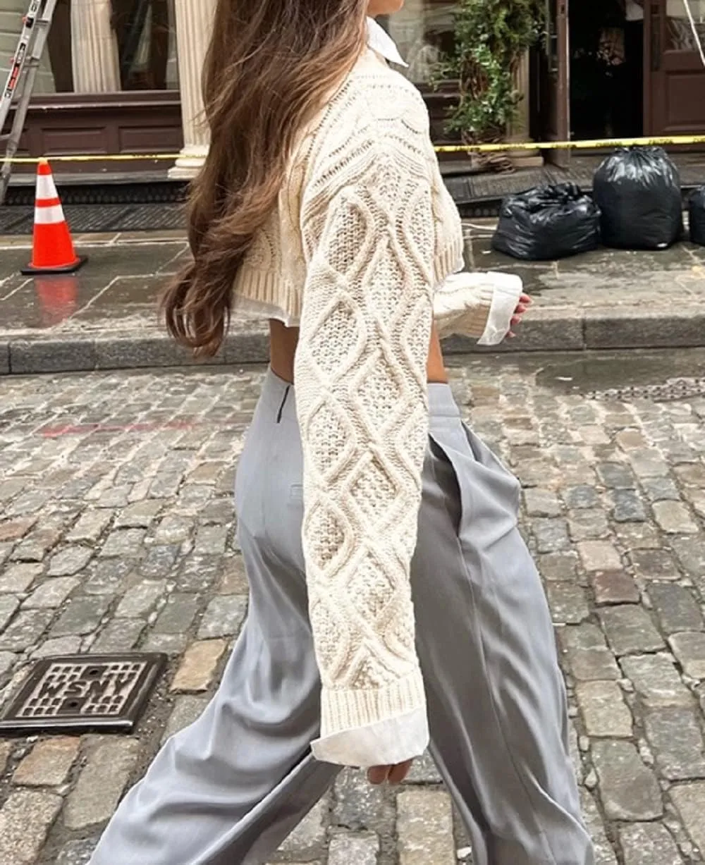 Women Y2K Knitted Crop Tops Color Block Patchwork Sweaters Long Sleeve Crochet Coverup Trendy Autumn Streetwear
