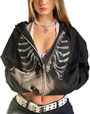 Women Y2k Zip Up Hoodie Vintage Graphic Oversized Sweatshirt Aesthetic Harajuku Teen Girls Jacket