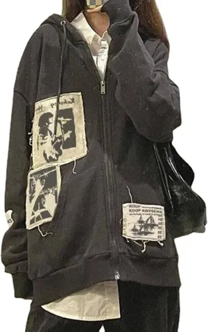 Women Y2k Zip Up Hoodie Vintage Graphic Oversized Sweatshirt Aesthetic Harajuku Teen Girls Jacket