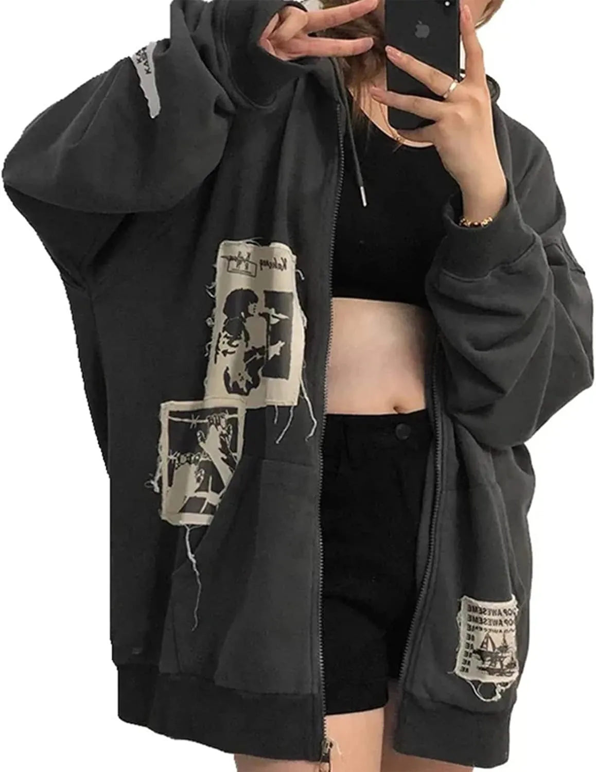 Women Y2k Zip Up Hoodie Vintage Graphic Oversized Sweatshirt Aesthetic Harajuku Teen Girls Jacket