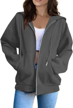 Women Zip Up Hoodie Long Sleeve Oversized Sweatshirts Y2K Jacket Pockets Patchwork Design Drawstring Hooded Jacket