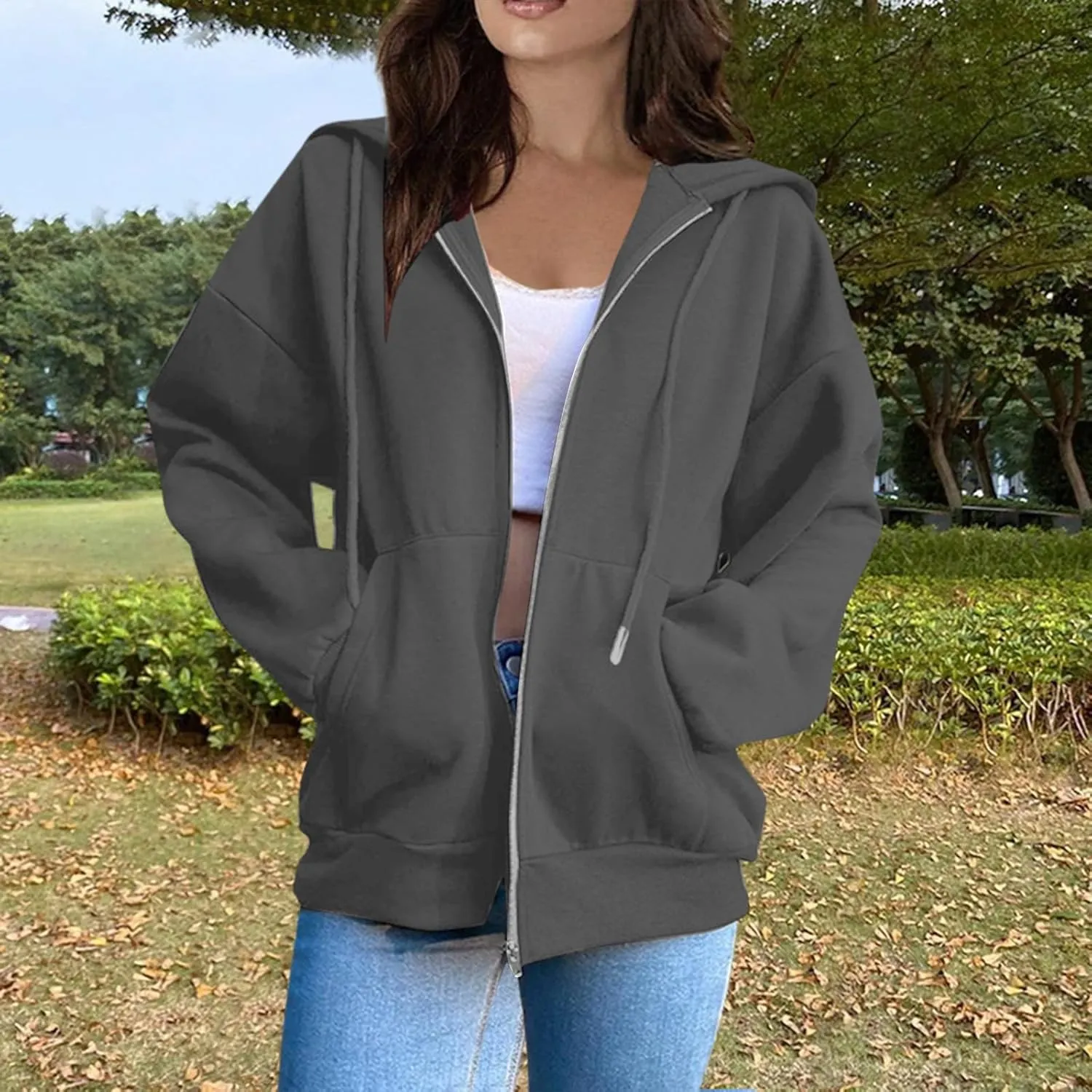 Women Zip Up Hoodie Long Sleeve Oversized Sweatshirts Y2K Jacket Pockets Patchwork Design Drawstring Hooded Jacket