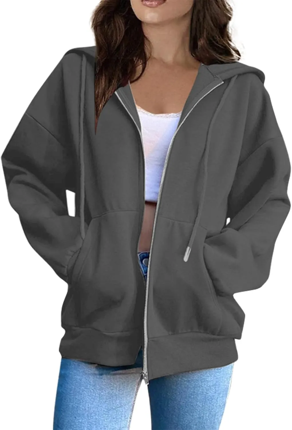 Women Zip Up Hoodie Long Sleeve Oversized Sweatshirts Y2K Jacket Pockets Patchwork Design Drawstring Hooded Jacket