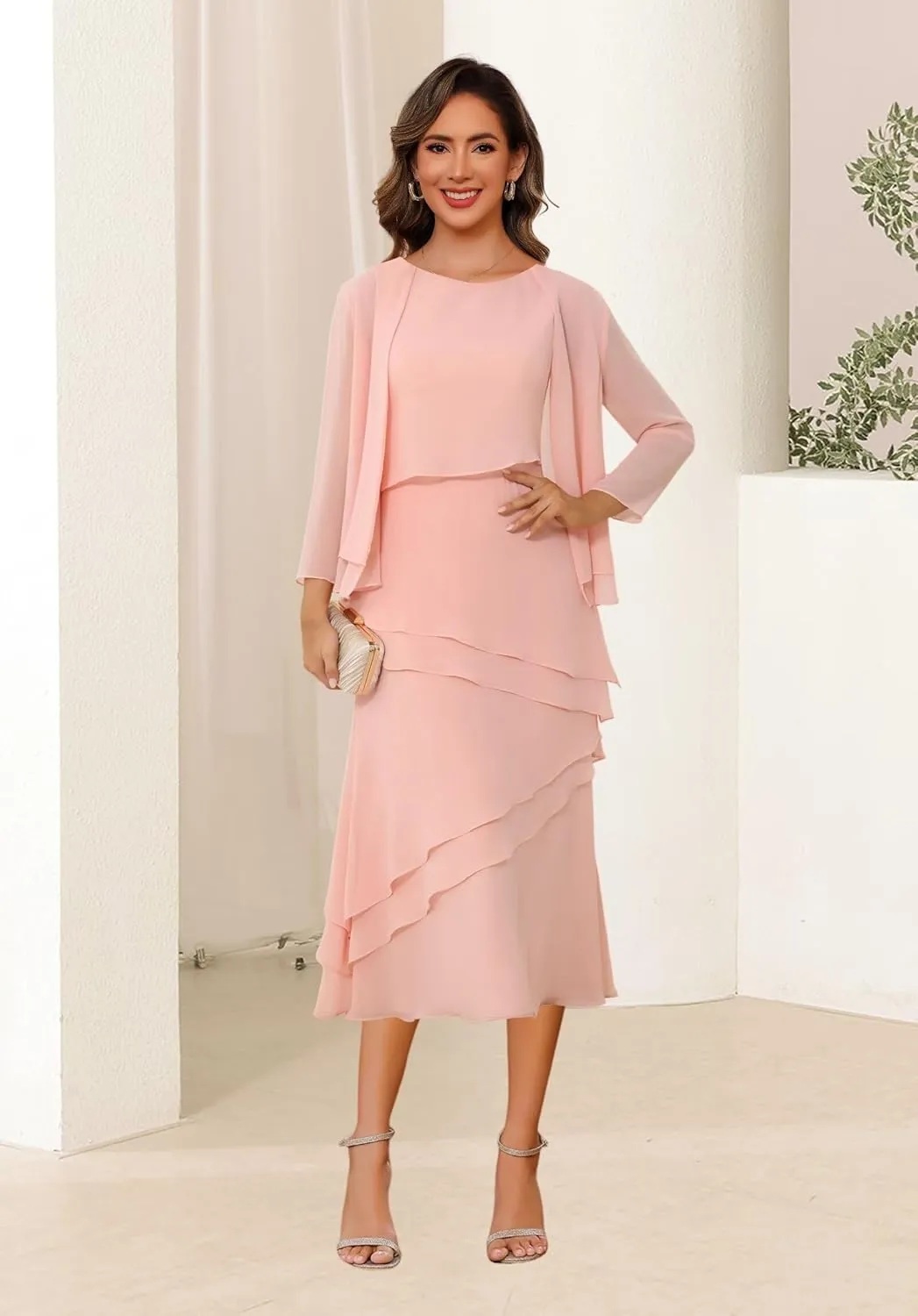 Women's 2 Piece Mother of The Bride Dresses 2025 for Wedding Tea Length Formal Evening Dress with Jacket PU252
