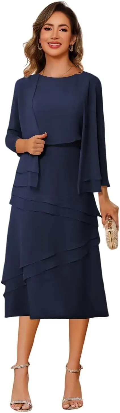 Women's 2 Piece Mother of The Bride Dresses 2025 for Wedding Tea Length Formal Evening Dress with Jacket PU252