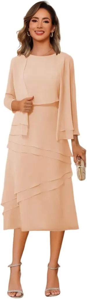 Women's 2 Piece Mother of The Bride Dresses 2025 for Wedding Tea Length Formal Evening Dress with Jacket PU252