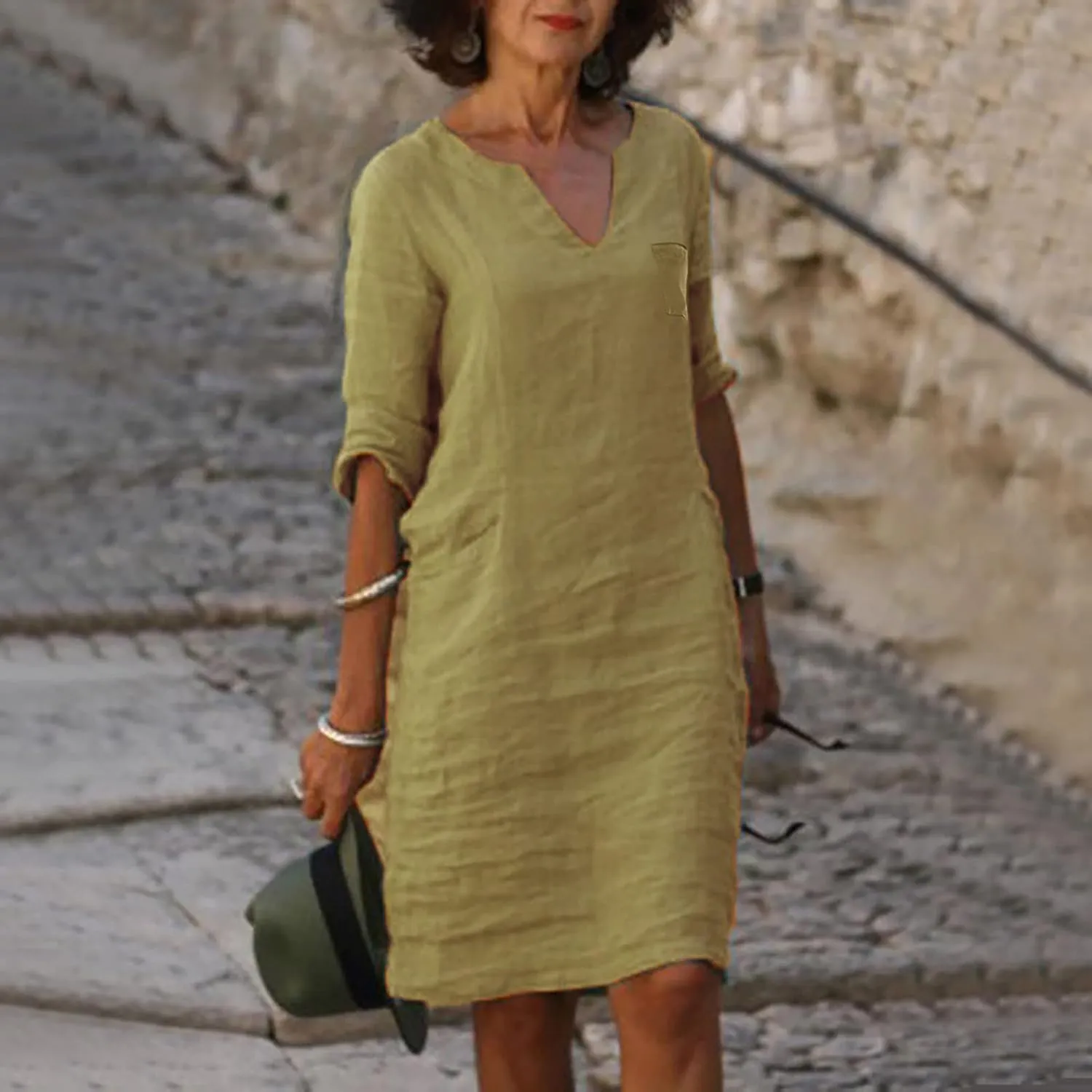 Womens 80% Cotton Dresses, 2024 Spring Summer Elegant Trendy V Neck 3/4 Sleeve Midi Dress, Casual Plain Beach Dress
