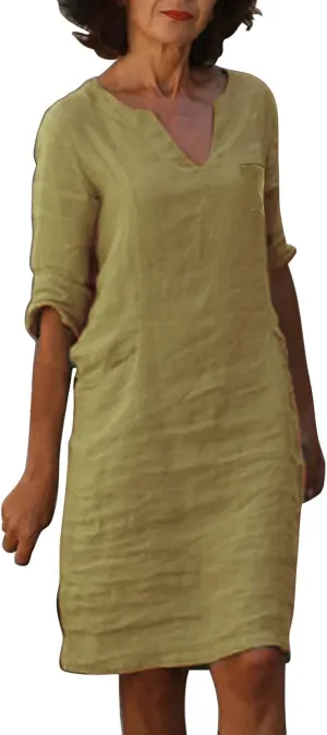 Womens 80% Cotton Dresses, 2024 Spring Summer Elegant Trendy V Neck 3/4 Sleeve Midi Dress, Casual Plain Beach Dress