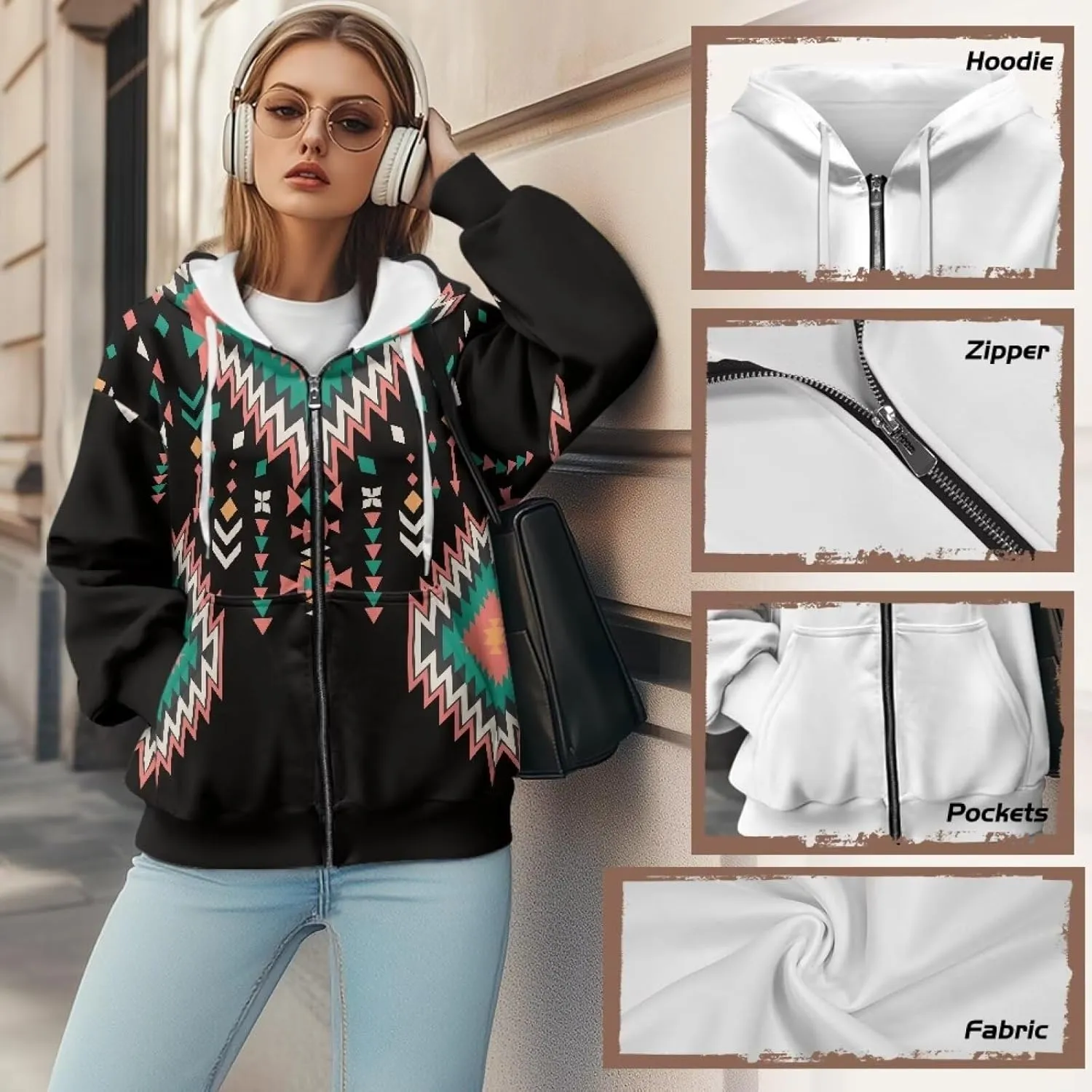 Women's Aztec Print Hoodies Casual Long Sleeve Zip Up Ethnic Western Drawstring Hooded Sweatshirts with Pockets
