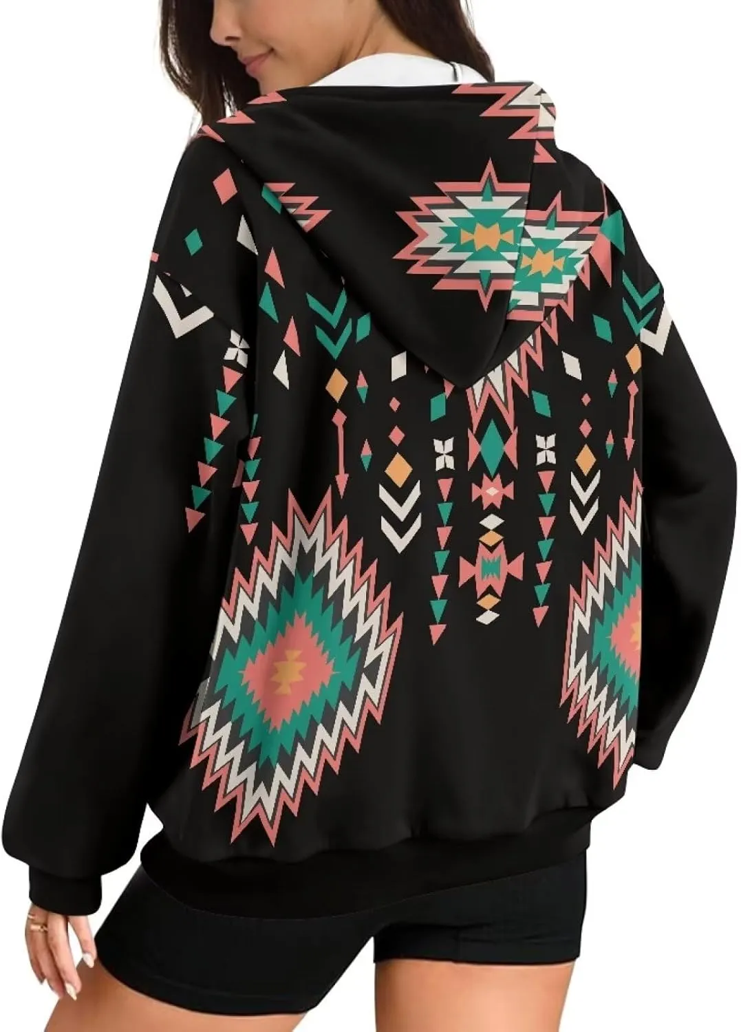 Women's Aztec Print Hoodies Casual Long Sleeve Zip Up Ethnic Western Drawstring Hooded Sweatshirts with Pockets