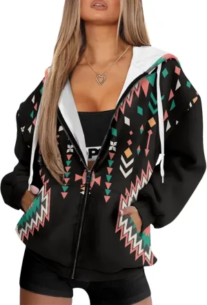 Women's Aztec Print Hoodies Casual Long Sleeve Zip Up Ethnic Western Drawstring Hooded Sweatshirts with Pockets